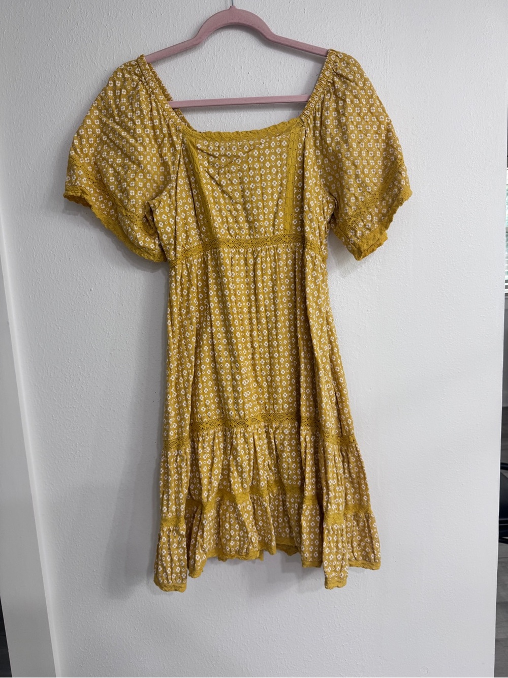 In Loom Mustard Yellow Floral Tiered Midi Dress Cottagecore Smocked Small.
